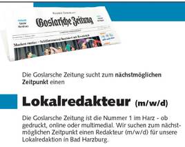 Goslarsche Zeitung sucht Lokalredakteur